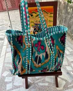 Bolso Tote Acolchado de Algodón, Ecológico, Hecho a Mano, con Estampado de Bloques, para Viajes, Compras, Bolso de Hombro - Product Image 1