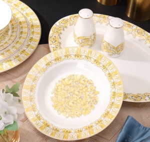 Set <span class=keywords><strong>da</strong></span> Pranzo in Porcellana Bone China <span class=keywords><strong>da</strong></span> 58 Pezzi, Lussuoso e Classico, Stile Occidentale, Minimalista con Decorazioni Dorate in Rilievo, per <span class=keywords><strong>Servizio</strong></span> Alberghiero - Product Image 3