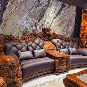 Juego de Muebles de Sala de Estar de Lujo Europeo Moderno de Alta Gama, Sofá Seccional Ovalado de Cuero PU, Modular de Madera - Product Image 3
