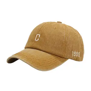 男女通用刺绣字母C 1999卡其色6面板棒球帽批发水洗棉爸爸帽子