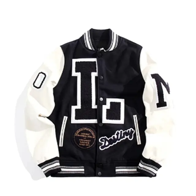 High Quality Custom Logo Black Bomber Jackets Leather Sleeve Letterman Varsity Jackets Wholesale