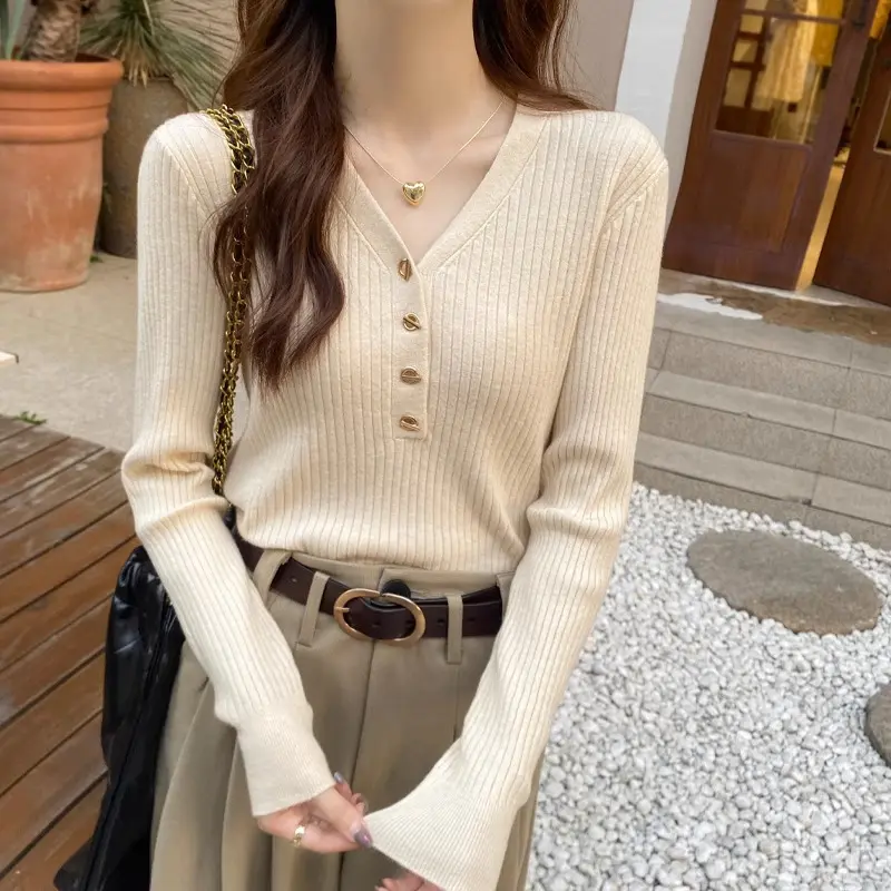 Kemeja dasar dalam wanita, baju sweater rajut leher V cantik gaya Korea perasaan canggih musim gugur dan musim dingin untuk wanita