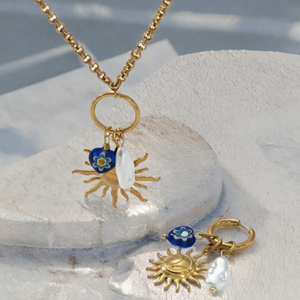 Conjunto de Joyería de Acero Inoxidable Chapado en Oro de 18K, Collar y Aretes con Perlas Sol y Luna para Mujer, Regalo para Fiesta - Product Image 3