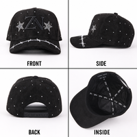 Casquette Snapback Noire Personnalisée en Daim, 6 Panneaux, Broderie Strass Fil Barbelé, Visière Courbée, Réglable, Vente en Gros, OEM, Faible MOQ