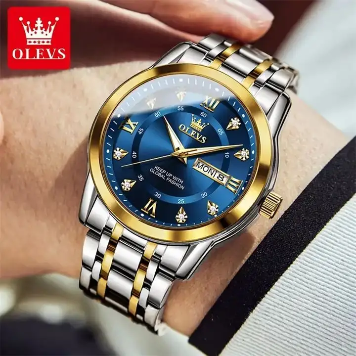 OLEVS 5513 רצועת נירוסטה שעונים עסקיים לגברים לוח שנה כפול באיכות מעולה קוורץ עמיד למים שעון יד גברים זוהר