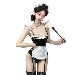 섹시한 여성 의류 새로운 옻칠 가죽 접합 속옷 메이드 달콤하고 귀여운 스타일 꽉 점프 수트 - Product Image 3