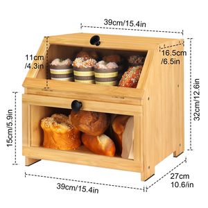 Boîte à pain en bambou à double couche avec porte en verre, rangement de cuisine pour pain et gâteaux - Product Image 5