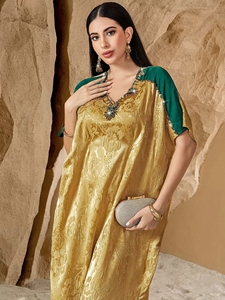 Tissu gingembre fente latérale manches courtes strass décoration col en V femmes musulmanes élégantes Abaya marocaine caftan - Product Image 6