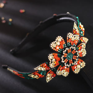 HX-009 फैशन चमड़े गद्देदार पूर्ण हीरा Headwear क्रिस्टल बड़ा फूल चेक ड्रिल महिलाओं नाव का पहलू Hairband - Product Image 3