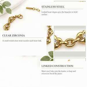 Bracelet Heart Link Zirconia - Acier inoxydable + zirconia, placage sous vide en or 14 carats, 180+30 mm - Product Image 2