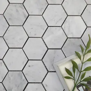 Polished Bathroom Kitchen Backsplash Floor Tile White Carrera 2 Inch Marble Hexagon Mosaic Tile