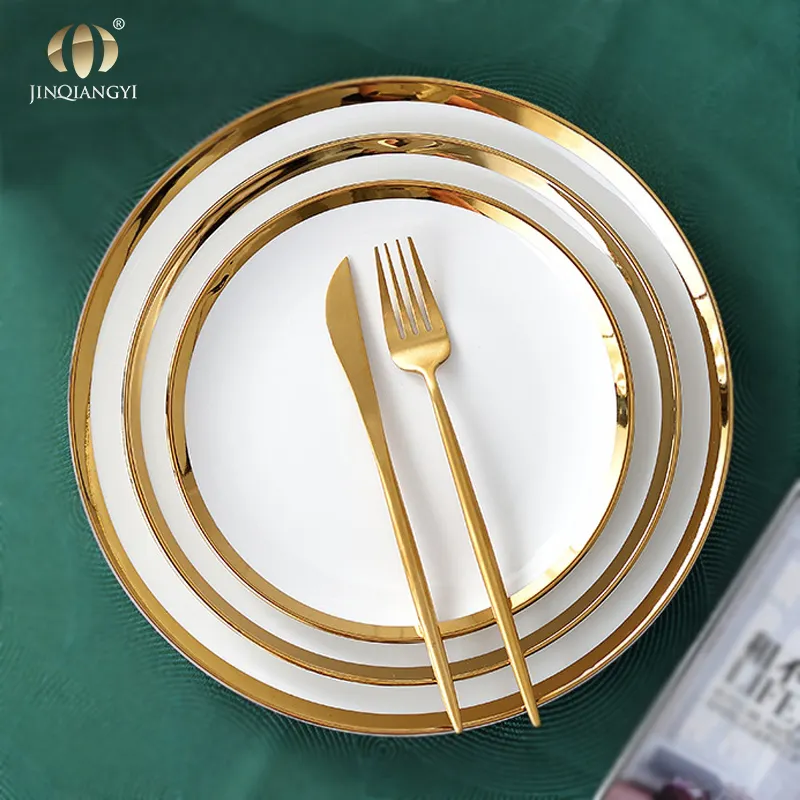 Luxury Gold Rim Dinnerware Set White Ceramic Nordic Porcelain Flat Dinner Plates Dishes for Wedding Restaurant