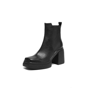 Chaussures en cuir véritable faites à la main, durables, antidérapantes, imperméables, à bout carré, couleur unie, élégantes, longues, rétro, décontractées, épaisses et robustes - Product Image 1