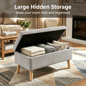 Panca contenitore in velluto a coste beige oliva, larga 32 pollici, con gambe in legno, coperchio ribaltabile e imbottitura morbida, per fondo letto - Product Image 2