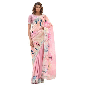 ผ้าซาตินแท้ผ้าซาตินทอส่าหรีพร้อมเสื้อไหมเรียบพิมพ์ลายปักทำงานอินเดียและปากีสถาน - Product Image 1