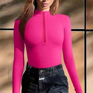 I-0296 Bodysuits de mujer de una pieza con cremallera frontal, manga larga, color liso, elásticos, por encima de la rodilla, primavera-verano - Product Image 6