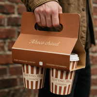 Boîte porte-gobelets personnalisée en papier kraft brun avec poignée pour gobelets à chocolat chaud et café, emballage à emporter écologique
