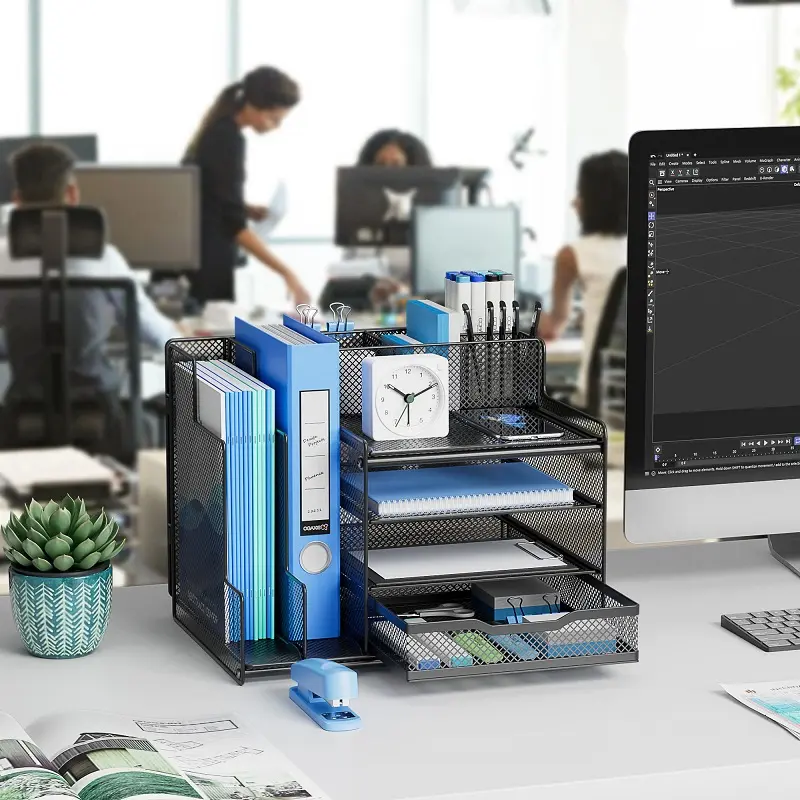 Organizer Meja kantor, dengan pemegang File tegak, 4-Tier, nampan kertas huruf jala, organizer FILE desktop