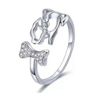 925 Sterling Silver Dog's Company Animal Dog & Bone Finger Rings for Women Adjustable Size Sterling Silver Jewelry SCR416