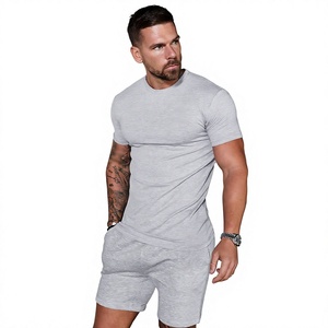 Camiseta de Manga Corta para Hombre, Corte Ajustado, Cuello Redondo, Color Gris Sólido, Algodón Jersey, Informal, Transpirable, Diseño Liso Teñido - Product Image 5