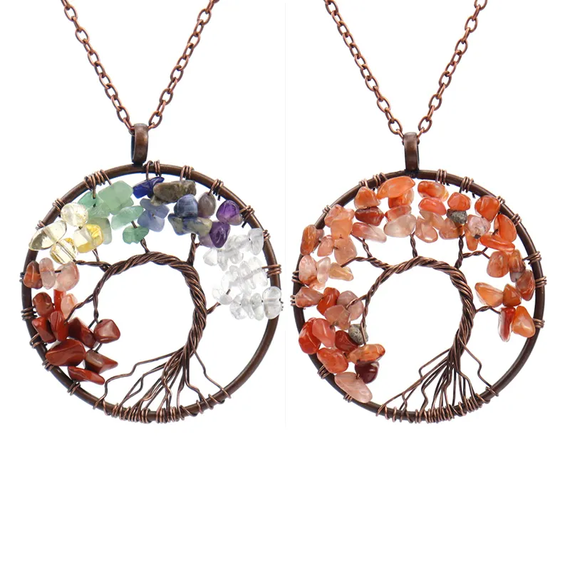 Factory Wholesale Fashion Rounded Bronze Bending Hand-made Gravel Pendant Tree of Life Natural Crystal Necklace For Women