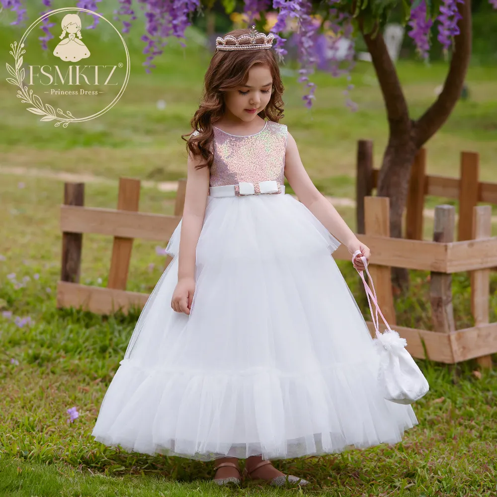 FSMKTZ Latest Sequins Mesh Long Dress Elegant White Ball Gown for Girls Formal Party Prom Kids Dress Princess Dress