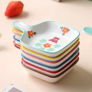 Wholesale Price Plates Sets Dinnerware Ceramic Square Mini Single Handle Platos Assiette Plate Rectangular Baking Plate