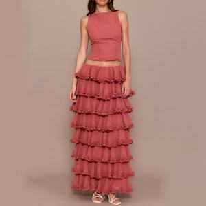 Jupe longue d'été 2025 pour femme, taille mi-haute, style bouffant à plusieurs niveaux, vente en gros pour boutiques, marque privée personnalisée - Product Image 4