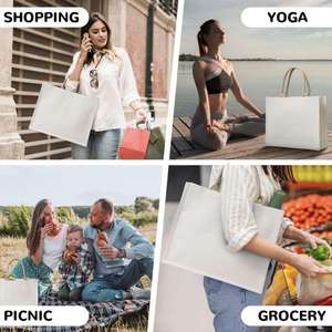 Sac fourre-tout en toile beige à poignée ronde - Sac réutilisable autoportant pour les courses, le travail et les sorties - Product Image 4