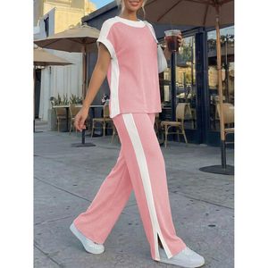 Ensemble Lounge 2 Pièces Personnalisé pour Femme : Hauts à Manches Courtes et Pantalons à Jambes Larges, Style Color Block Décontracté et Ample, Tenue Streetwear - Product Image 3