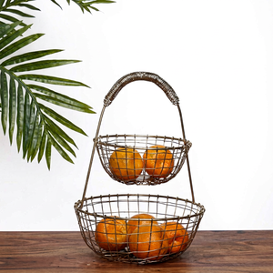 Panier de rangement métallique à double niveau, panier à fruits rustique en fil de fer pour cuisine, support rond en fer, support alimentaire durable - Product Image 1
