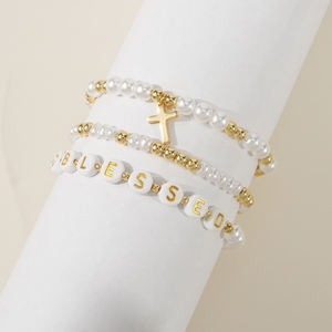 Go2Boho - Juego de Pulseras con Cuentas con la Palabra BLESSED, Perlas Blancas y Doradas, Pulseras Elásticas con la Palabra Fe para Mujeres y Niñas - Product Image 5