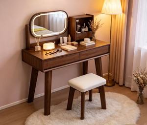 Premium Walnut Dressing <b>Table</b> Set Adjustable Oval LED <b>Mirror</b> Side Open Storage Cabinet Makeup <b>Vanity</b> With Stool - Product Image 1