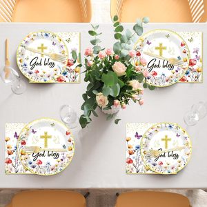 Assiettes et serviettes de fête pour baptême, décorations de baby shower avec croix dorée, colombe blanche et motifs floraux, assiettes à dessert pour fête - Product Image 5
