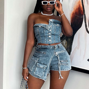 Conjunto de Top Corto sin Tirantes con Botones y Pantalones Cortos Tipo Falda, Estilo Chic, Tallas S-XXL, Conjunto de Dos Piezas de Mezclilla para <span class=keywords><strong>Mujer</strong></span> - Product Image 5