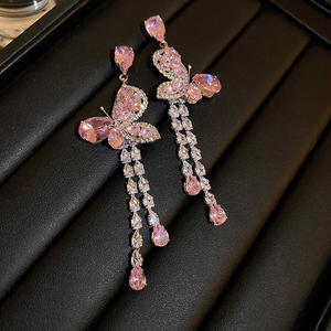 Women's Banquet <b>Silver</b> Needle Zircon Pink Butterfly Water Drop <b>Long</b> Tassel <b>Earrings</b> Fashion and Elegance <b>Earrings</b> - Product Image 5