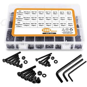 1080pcs Black Alloy Steel Socket Head Cap <b>Screws</b> <b>Set</b> Metric M2 M3 M4 DIN912 Class 8.8 With Nuts Washers And Hex Keys - Product Image 1