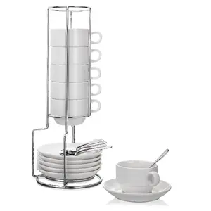 Kunden spezifisches Set mit 6 weißen Espresso tassen und Untertassen mit Espresso löffeln Stapelbarer Espresso becher