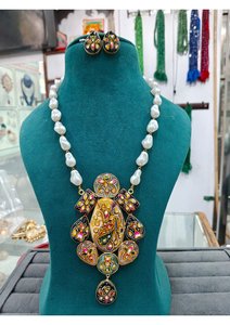 Traditional South Indian Tanjore Handmade Necklace <b>Set</b> with Pearls and Intricate Craftsmanship Wedding Jewelry Collection - Product Image 4