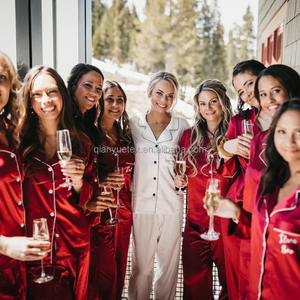 Yüksek kalite stok kadın pijama katı uzun kollu pantolon gelin parti noel kırmızı ipek saten pijama seti 2 adet Pjs - Product Image 5