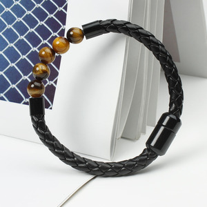 <span class=keywords><strong>Bracelet</strong></span> <span class=keywords><strong>pour</strong></span> homme en cuir avec fermoir magnétique en acier inoxydable certifié CE, orné de perles en œil de tigre naturel vintage. - Product Image 4