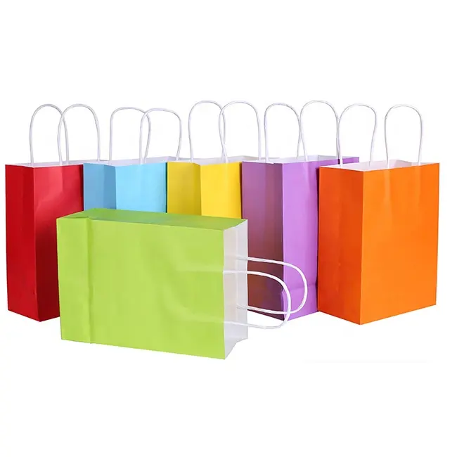 कस्टम इंद्रधनुष रंग क्राफ्ट पेपर पार्टी वेडिंग एहसान उपहार बैग संभाल के साथ मिश्रित रंग