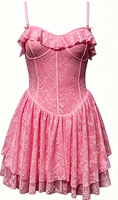 Robe Courte Décontractée Femme en Dentelle Style Corset, Bustier à Volants avec Armatures, Dos Nu, Esthétique Y2K, Plissée Évasée Coupe A-Line Ajustée pour Soirée