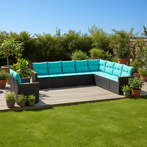 Ensemble de canapés de patio en rotin PE noir avec structure en acier thermolaqué, meubles d'extérieur rembourrés pour 7 personnes, design contemporain - Product Image 2