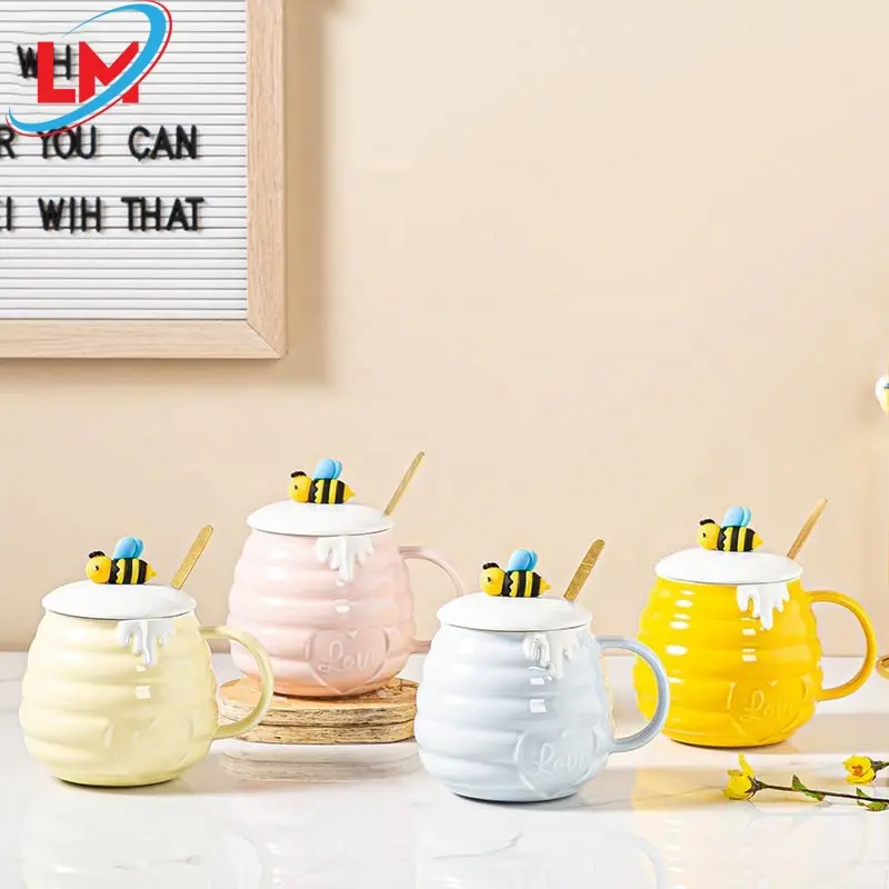 Coffee Mug Water Milk Tea Cup Drinkware Cartoon Ceramic Bee Porcelain with Lid and Spoon Cute for Office Mugs Customized Color