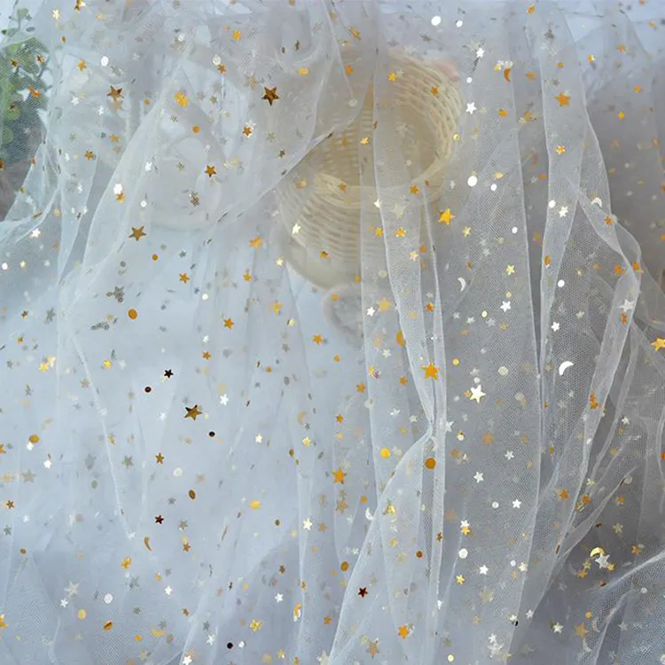 Estrela E Lua Cristal Glitter Bege Preço Competitivo 5 Jardas Bordado Renda Tule Tecido