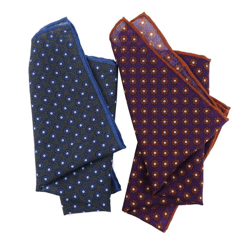 Two Colors 100% Wool Hand Rolled Purple Gray Floral Pattern Printed Mens Pocket Squares Handkerchief for Suits