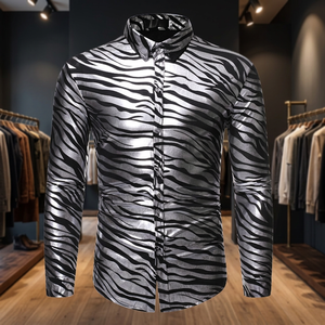 Camisa de Hombre para Otoño, Casual, con Estampado de Moda, Botones, Lentejuelas Negras Brillantes, para Discoteca, Estilo Urbano, Ajustada, para Fiesta o Boda - Product Image 3
