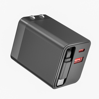 Chargeur de voyage OEM/ ODM 65W 2 ports USB A + C avec câble rétractable de type C PD QC 3.0 Adaptateur secteur à charge rapide pour iPhone