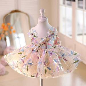 Gaun pesta malam anak perempuan, pakaian anak-anak, gaun pesta Prom, motif bunga, kain Tule bordir berpayet sampanye butik - Product Image 1